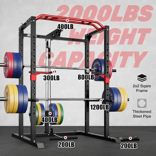 Miniatura 4 de Jaula de potencia JELENS, banco multifunción S11 con capacidad de 2000LBS, barra para sentadillas con sistema de poleas ajustable y más accesorios