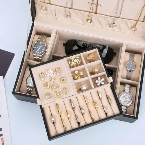 Miniatura 3 de LANDICI Joyero organizador para mujeres y niñas estuche grande de 2 capas para hombres con bandeja extraíble soporte de almacenamiento de joyas