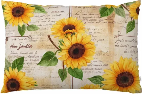 EKOBLA Funda de almohada vintage con diseño de girasoles amarillos, flores verdes, hojas rústicas, madera antigua, decoración de arte grunge, funda