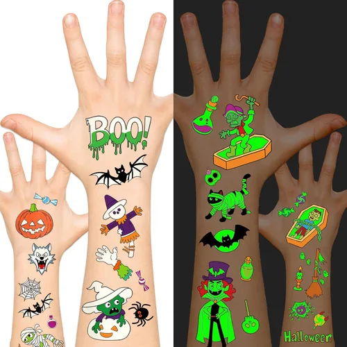 Leesgel Decoraciones de Halloween – Tatuajes temporales para niños (12 hojas), calcomanías luminosas de tatuaje falso para niños y niñas, regalos de