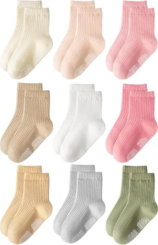 Miniatura 12 de HONGTEYA 9 pares de calcetines para niños pequeños, calcetines antideslizantes de algodón para bebés con agarres de 0 a 5 años