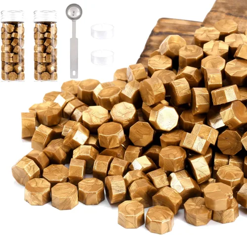 Yoption Cuentas metálicas de cera de sellado de oro antiguo, kit de 150 cuentas de sello de cera para sello de cera, cuentas de sello de cera Oro