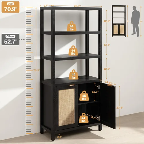 Miniatura 3 de Estantería SICOTAS de 5 niveles, estante de libros de ratán estilo bohemio de 71" de altura con puertas, estantes de almacenamiento, estanterías