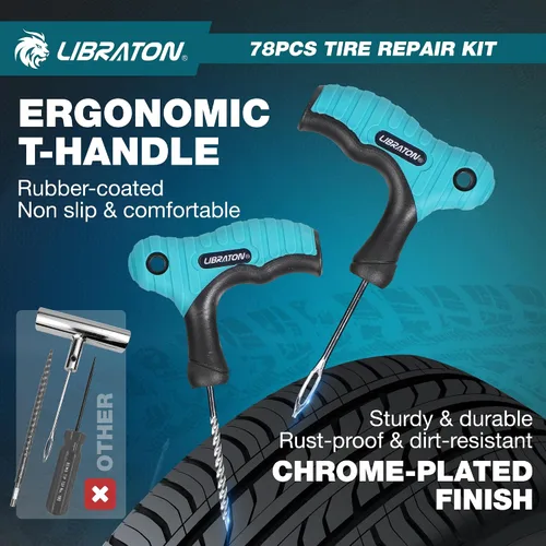 Miniatura 3 de Kit de reparación de neumáticos Libraton, kit de 78 piezas de tapones para neumáticos, herramientas profesionales resistentes para arreglar