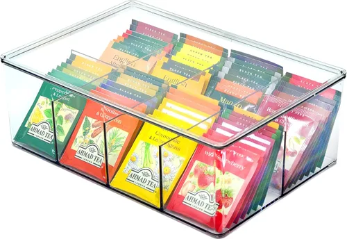Youngever Organizador grande de paquetes de té de plástico con tapas, contenedor de almacenamiento de paquetes de alimentos reutilizable dividido en