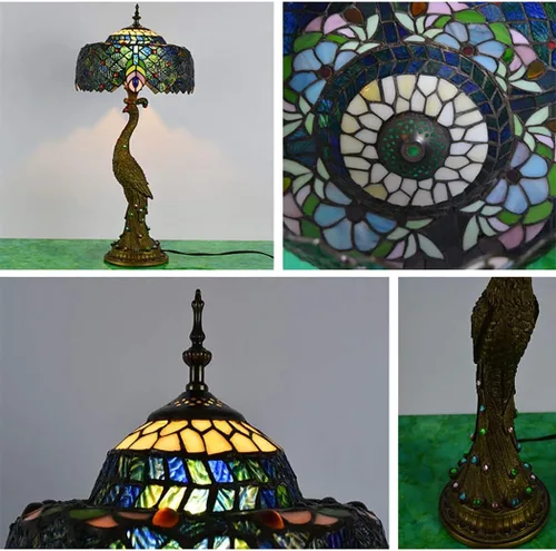 Miniatura 4 de Lámpara de mesa Tiffany de pavo real, lámpara de escritorio con base de resina retro, pantalla de pavo real para sala de estar, dormitorio