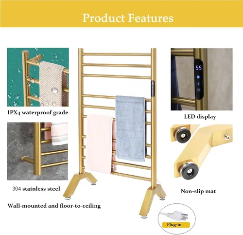 Miniatura 5 de Calentador de toallas eléctrico dorado, toallero calentado de pie y montado en la pared para baño, radiador de acero inoxidable 304, calentador