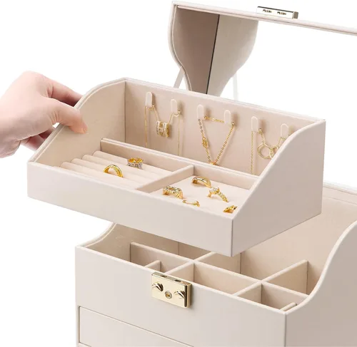 Miniatura 6 de Vlando Caja organizadora de joyas grande de terciopelo, caja de almacenamiento de joyas de 5 capas con espejo y cerradura, bandeja apilable y 3