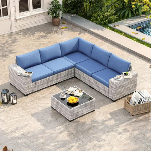 Miniatura 12 de Juego de muebles de mimbre para patio al aire libre de 3 piezas, sillas de patio giratorias mecedoras con respaldo alto con cojines gruesos de 4