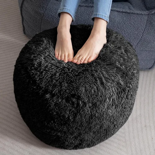 HIGOGOGO Puf Otomano Redondo Relleno, Pufs Largos de Piel Sintética con Relleno de Trozos de Espuma, Puf Esponjoso y Peludo Reposapiés Otomano de