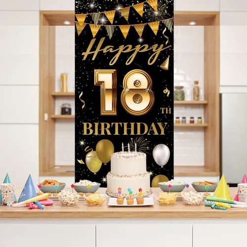 Miniatura 3 de Cartel de puerta de fiesta de cumpleaños número 18, decoración de feliz cumpleaños 18 para niñas y niños, telón de fondo negro dorado para fotos