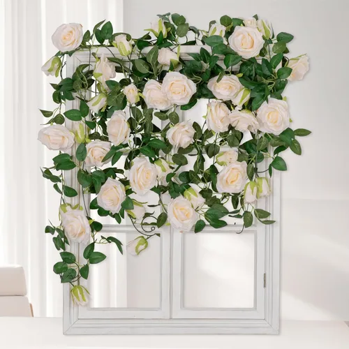 Miniatura 7 de U'Artlines Paquete de 3 Enredaderas de Rosas Champán Artificiales Guirnaldas Florales Total 19.5 Pies Guirnalda de Flores de Seda de Enredadera