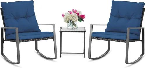 Miniatura 8 de SUNCROWN Juego de 3 sillas mecedoras para exteriores, juego de mimbre para patio, muebles de conversación con cojines y mesa de centro de cristal