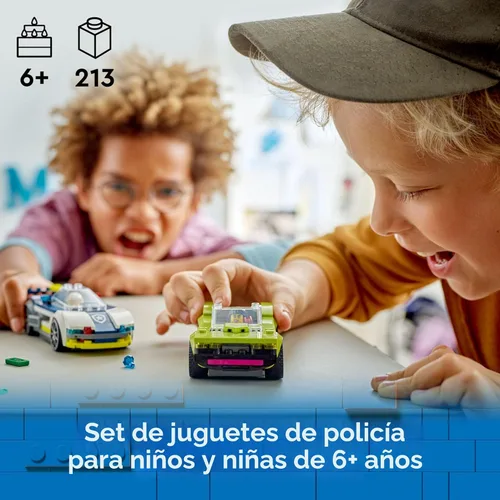 Miniatura 2 de LEGO Coche de policía de la ciudad y persecución de autos musculares, juguete de vehículo de emergencia para niños y niñas, regalo divertido