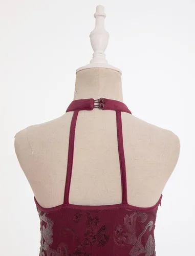 Miniatura 7 de IBAKOM Body de lentejuelas brillantes con flecos y cuello halter en V, leotardo de gimnasia para niños, espalda abierta, jazz latino, hip hop