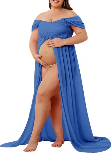 Miniatura 4 de Vestido de maternidad para sesión de fotos con hombros descubiertos, vestido de gasa con abertura frontal, maxi vestidos de embarazo para fotografía