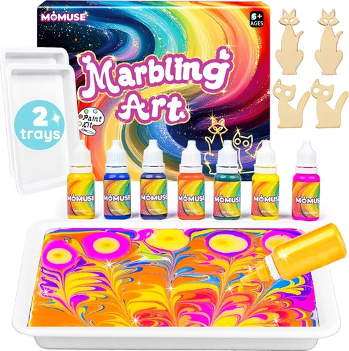 MOMUSE Kit de arte de pintura de mármol para niños con bandejas dobles, toxicología pasada, kit de pintura de mármol de agua dorado metálico, kits