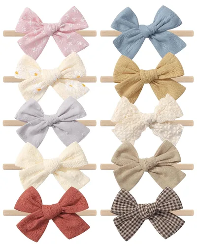 Miniatura 12 de doboi 10 diademas para bebé, lazos para el cabello, de nailon, algodón, lino, hechas a mano, accesorios para el cabello para recién nacidos, niñas