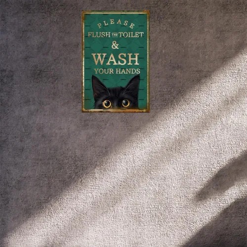 Miniatura 7 de EMOHAT Letrero de placa de metal de aluminio, divertido gato negro con texto en inglés «Please Flush Toilet Wash Your Hands», bonito cartel