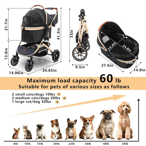 Miniatura 7 de Pettingzoo Cochecito para perros con 4 ruedas, cochecito plegable para gatos para perros pequeños/medianos/grandes y gatos hasta 60 libras