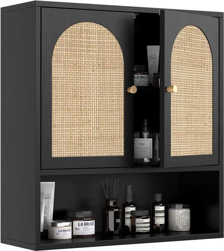 Miniatura 11 de VINGLI Armario de pared de baño, botiquín negro con estante abierto y 2 puertas, organizador de almacenamiento ajustable para colgar sobre