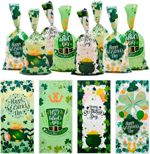 160 piezas de 4 estilos de bolsas de dulces de celofán del Día de San Patricio con lazos de torsión, diseños de trébol y duende, bolsas de golosinas