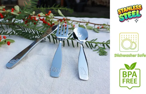 Miniatura 6 de Exzact Cubiertos para niños, 18 piezas, utensilios para niños pequeños, 6 tenedores, 6 cuchillos, 6 cucharas, aptos para lavavajillas, 2 años
