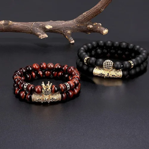 Miniatura 2 de Juego de 4 pulseras de 0.315 in con corona King para hombres y mujeres, ojo de tigre, negro mate, ónix mate, cuentas de piedra natural