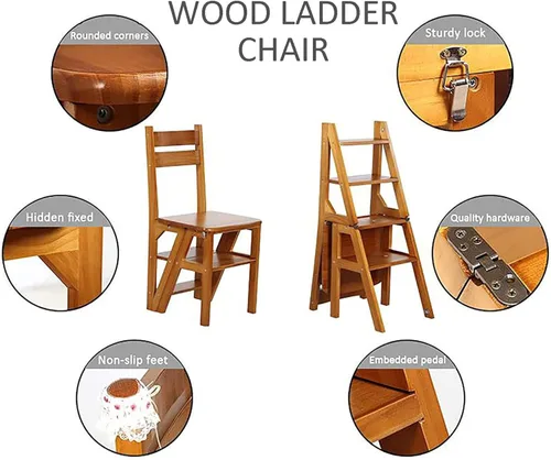 Miniatura 6 de Silla de escalera plegable de madera, taburete y silla 2 en 1, estilo rústico, perfecta para comedor, uso en interiores y exteriores, capacidad