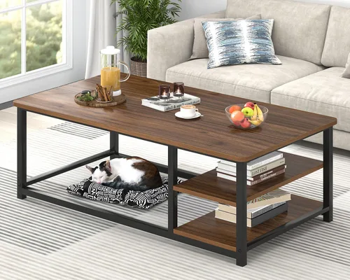 Miniatura 14 de EXCEFUR Mesa de centro negra, mesa de sala de estar de madera rústica con estante de almacenamiento, mesa central rectangular moderna, 47 pulgadas