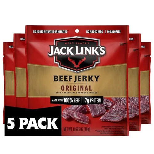 Jack Link's Paquete múltiple de 5 unidades de carne seca de res, original, 5, bolsas de 0.625 onzas. Bocadillo de carne sabrosa para almuerzos,