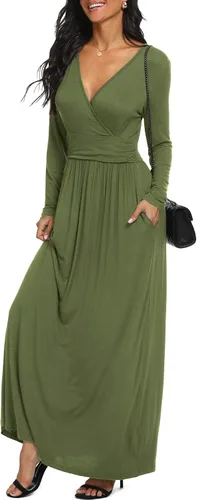 Miniatura 3 de LILBETTER - Vestido largo de manga larga, cuello en V profundo, holgado, liso y casual para mujer