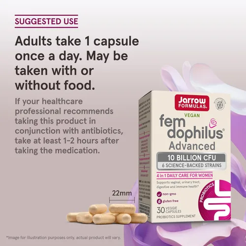 Miniatura 6 de Jarrow Formulas Fem-Dophilus Probióticos avanzados de 10 mil millones de UFC con 6 cepas respaldadas por la ciencia, para apoyo vaginal, urinario