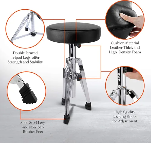 Miniatura 6 de Pyle Taburete de tambor ajustable, portátil con patas de trípode de doble apoyo, asiento acolchado de espuma, perfecto para uso en el escenario
