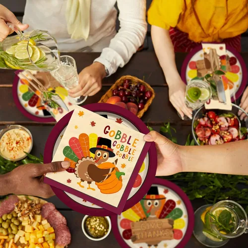 Miniatura 5 de Kit de suministros para fiesta de Acción de Gracias con tema de pavo, vajilla desechable de otoño incluye, platos de papel para cena, platos