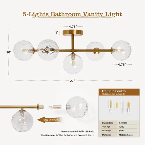 Miniatura 2 de Luminarias de Espejo de Tocador de Baño: Aplique de Pared de Baño Regulable de 5 Luces - Luces de Tocador de Latón Dorado con Pantalla de Vidrio