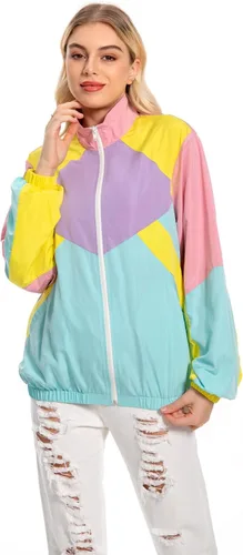 Miniatura 4 de Chaqueta de bloque de color de los años 80 para mujer, rompevientos neón, traje de entrenamiento retro para fiestas temáticas
