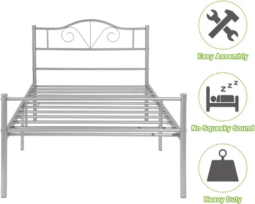 Miniatura 3 de Cabecero de cama de metal resistente para cama individual, estructura de acero, revestimiento de plata, estilo retro, sin necesidad de almacenamiento