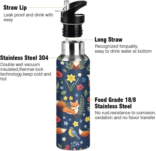 Miniatura 3 de Insulated Water Bottle 32 Oz, Leakproof Water Bottles for Gym Outdoor Travel School, Cute Foxes Colorful Flowers