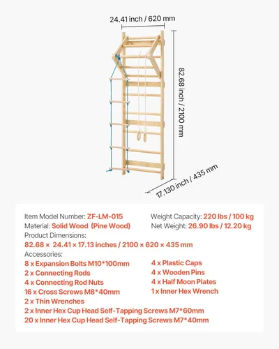 Miniatura 7 de VEVOR Escalera Sueca de Pared, Gimnasio 4 en 1 de 8 Niveles para Interiores, Barras de Gimnasia de Madera Sólida con Capacidad de Carga de 220LBS