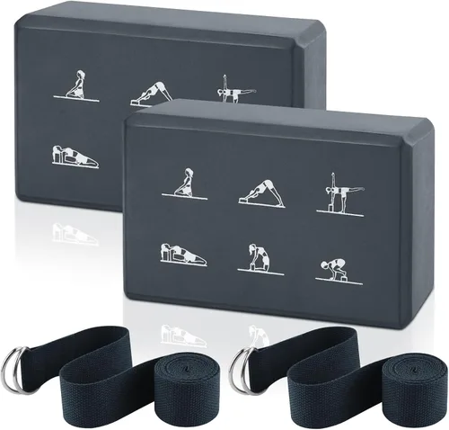 Juego de 2 bloques de yoga y 2 correas de yoga, bloques de espuma EVA antideslizantes, ladrillos de yoga de alta densidad con correa de 6 pies, Gris