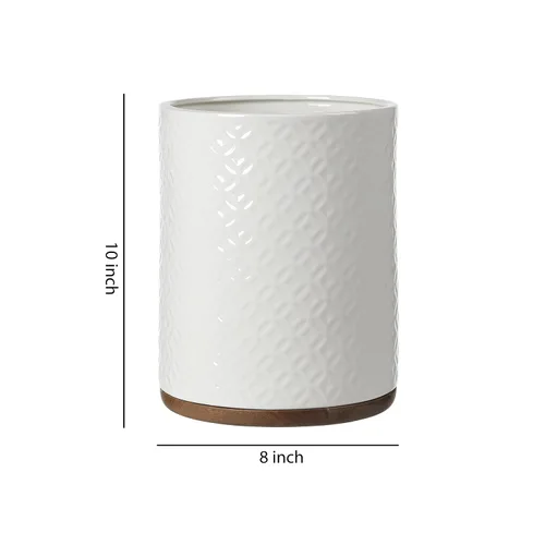 Miniatura 6 de Papelera decorativa de cerámica con base de madera (blanco y beige)