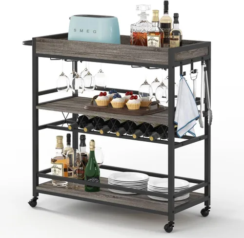 BON AUGURE Carrito de Bar, Carrito de Servicio de Bar para el Hogar con Ruedas, Carrito de Bebidas Móvil de 3 Niveles con Estante para Vino y