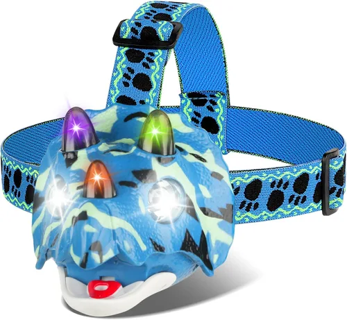 Miniatura 10 de Triceratops - Linterna frontal LED de dinosaurio para niños, artículos esenciales de equipo de campamento Linterna de cabeza de juguete de Verde