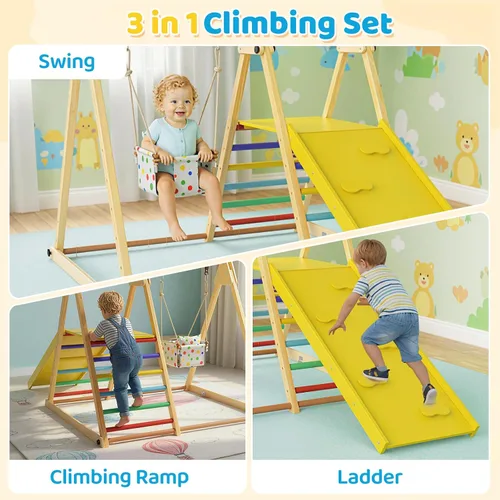 Miniatura 3 de OLAKIDS Gimnasio de la selva para interiores, 3 en 1 de madera plegable Montessori Juguetes de escalada para niños pequeños con escalera ajustable