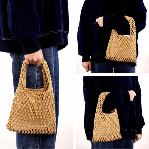 Miniatura 2 de Ayliss Mini bolso de mano para mujer, de algodón, ganchillo, asa superior, cordón para playa, tejido de red, bolsa de red de pesca