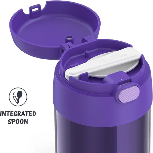 Miniatura 7 de THERMOS FUNTAINER - Tarro de comida para niños aislado al vacío de acero inoxidable de 10 onzas con cucharas plegables, azul marino y morado