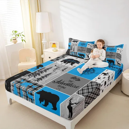 Miniatura 28 de Sábana bajera de retazos rústicos, sábanas de ciervos de oso para niños, adolescentes, adultos, mujeres, juego de ropa de cama rústica de granja