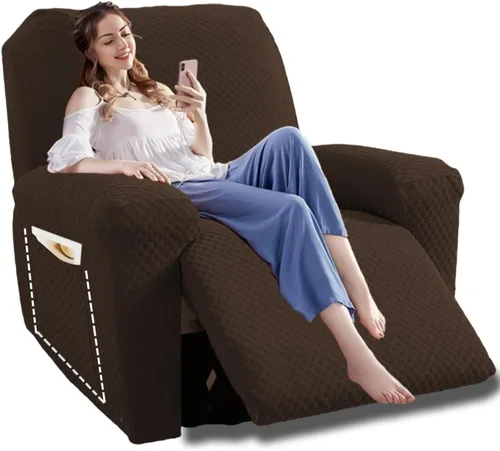 Miniatura 50 de YEMYHOM Funda elástica de 4 piezas para silla reclinable de jacquard con bolsillo lateral, antideslizante, ajustable, protector de muebles con parte