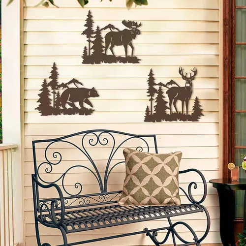 Miniatura 4 de Waiu Decoración de pared de metal, ciervo, oso y alce en el bosque de pinos, juego de 3 9.3 pulgadas, decoración rústica concisa para colgar